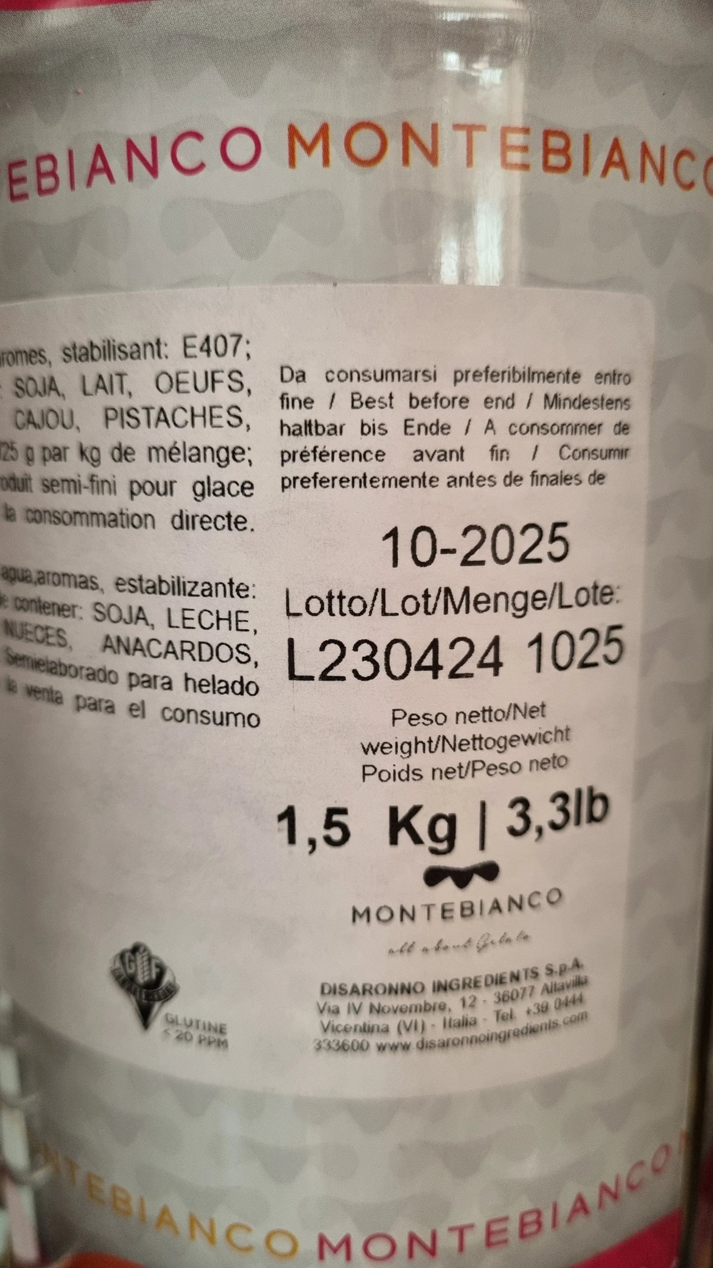 Etichetta barattolo Montebianco 1,5 kg per gelato, informazioni ingredienti e scadenza