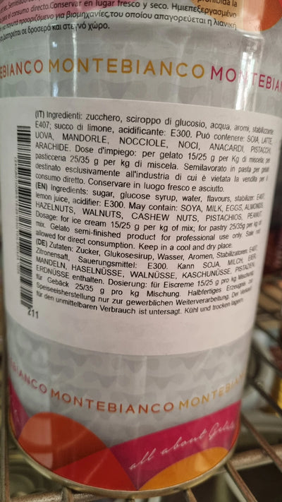 Barattolo Montebianco con etichetta ingredienti italiani per gelato e pasticceria, nocciole, pistacchi.