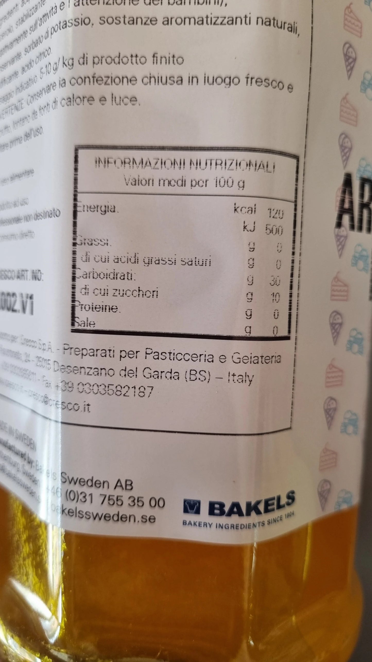 Etichetta ingrediente pasticceria con tabella valori nutrizionali per gelato e dolci