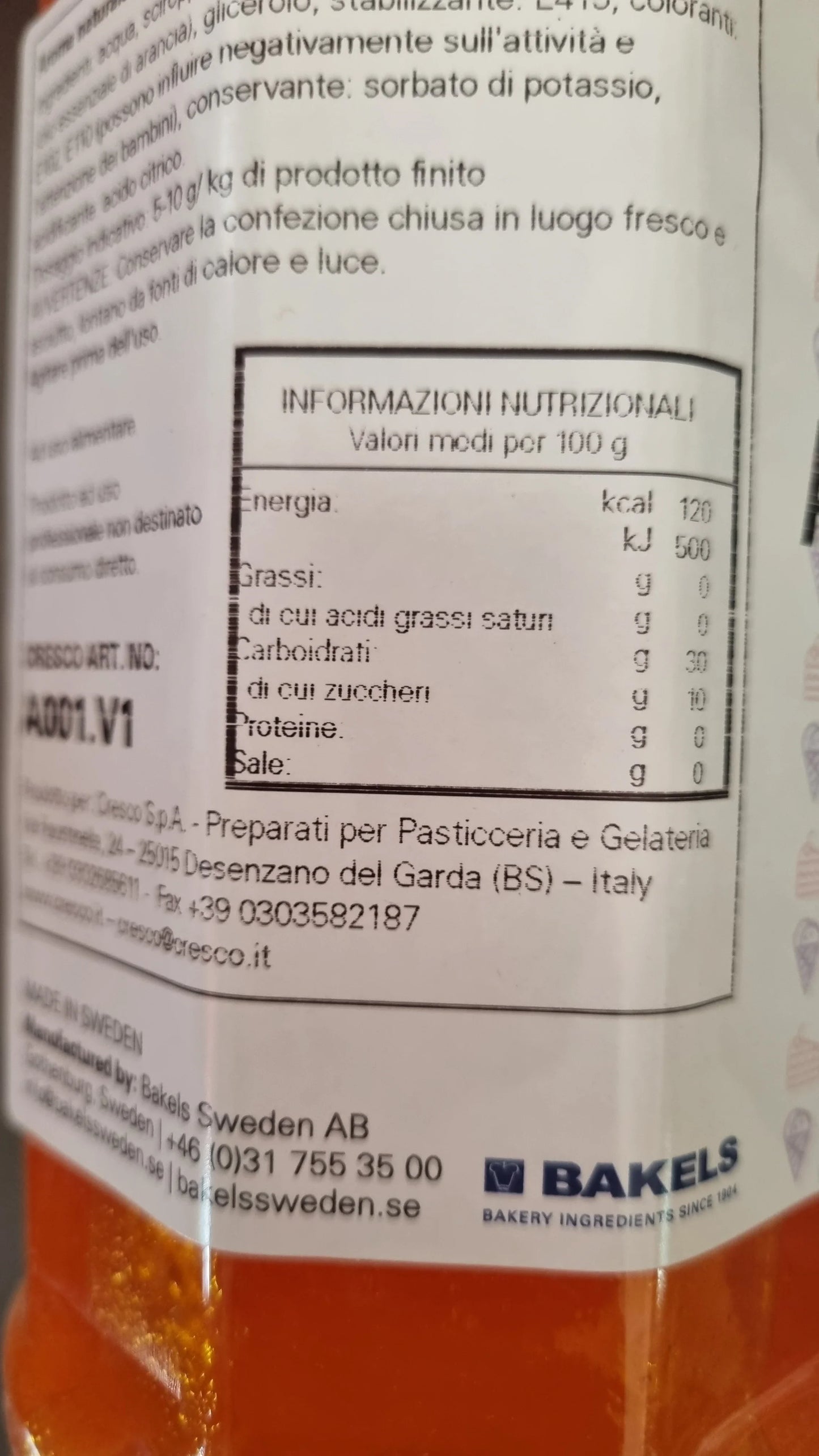 Etichetta di prodotto per pasticceria con tabella nutrizionale e valori energetici visibili
