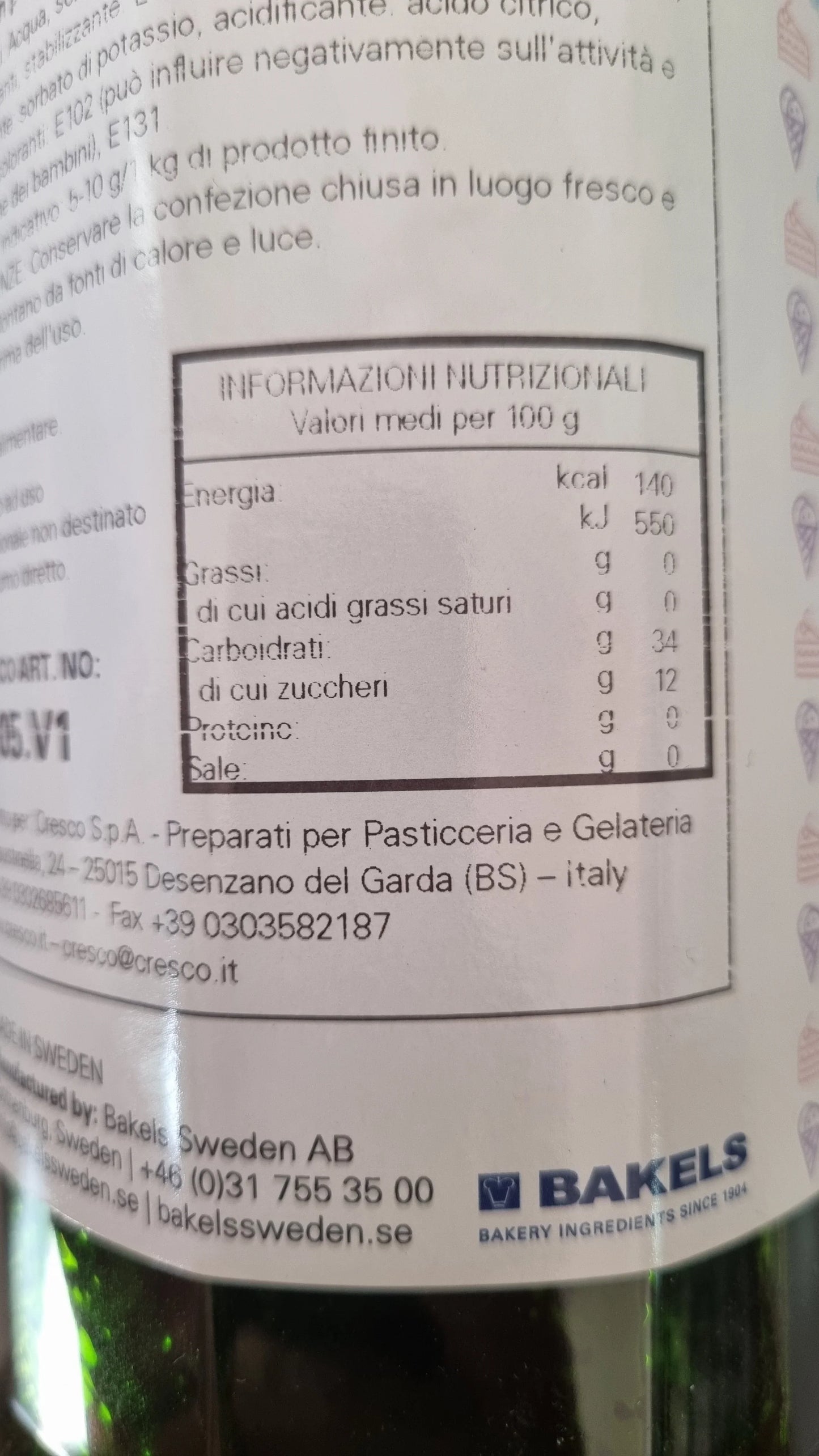 Etichetta nutrizionale per ingredienti pasticceria e gelateria, valori e dettagli prodotto.