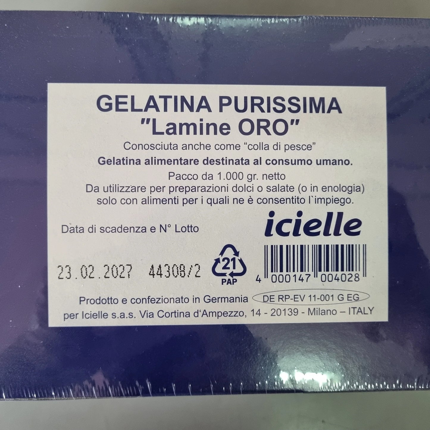Confezione di gelatina alimentare purissima Lamine Oro Icielle, 1000g, per dolci e pasticceria