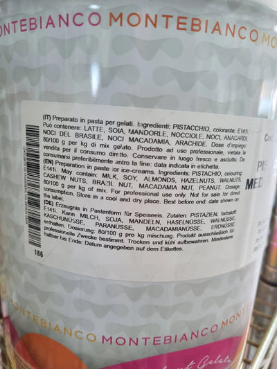 Barattolo di pasta di pistacchio per gelato, etichetta ingredienti visibile, latticini e frutta secca