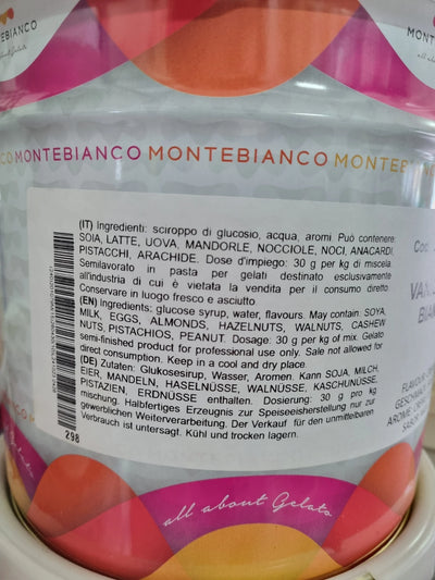 Etichetta di un barattolo per gelato con ingredienti come nocciole, pistacchio e mandorle.