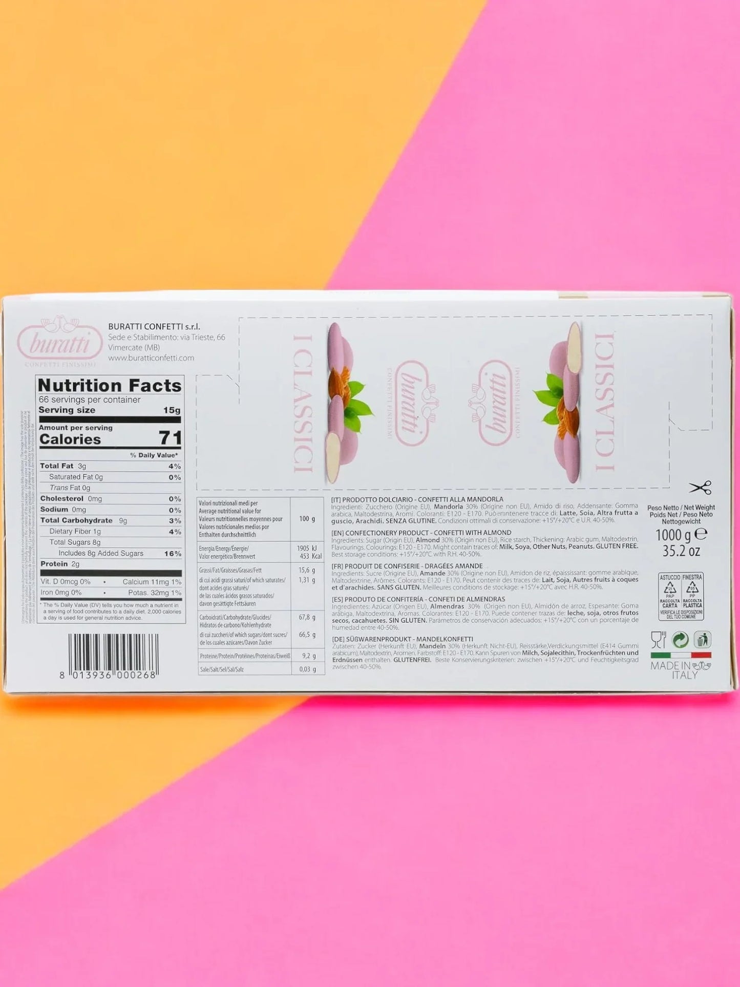 Retro confezione confetti alla mandorla Buratti, ingredienti e valori nutrizionali visibili