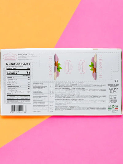 Retro confezione confetti alla mandorla Buratti, ingredienti e valori nutrizionali visibili