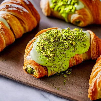 Cornetti italiani con crema al pistacchio e granella su tagliere di legno