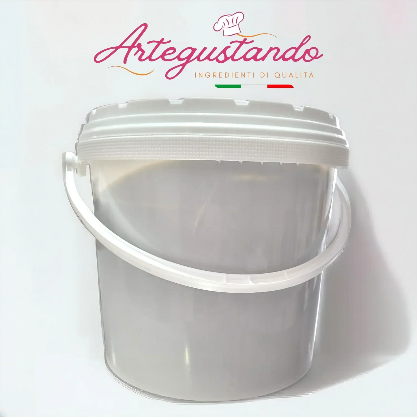 Secchiello plastica trasparente con manico, contenitore per paste di nocciola o pistacchio