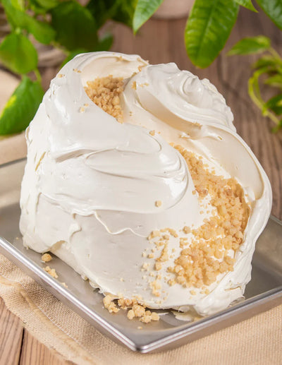 Gelato artigianale alla nocciola su vassoio d'acciaio con granella di nocciole