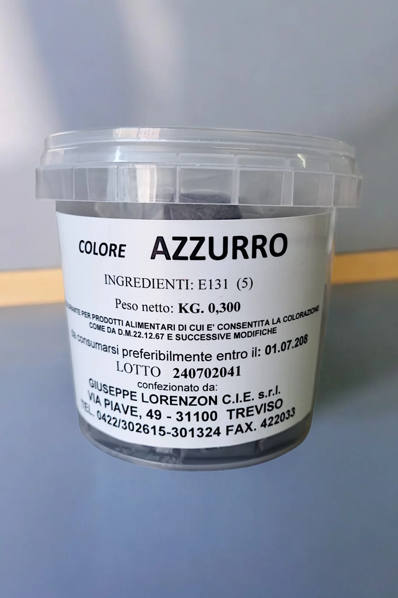 Contenitore di colorante alimentare azzurro E131 per pasticceria e gelateria