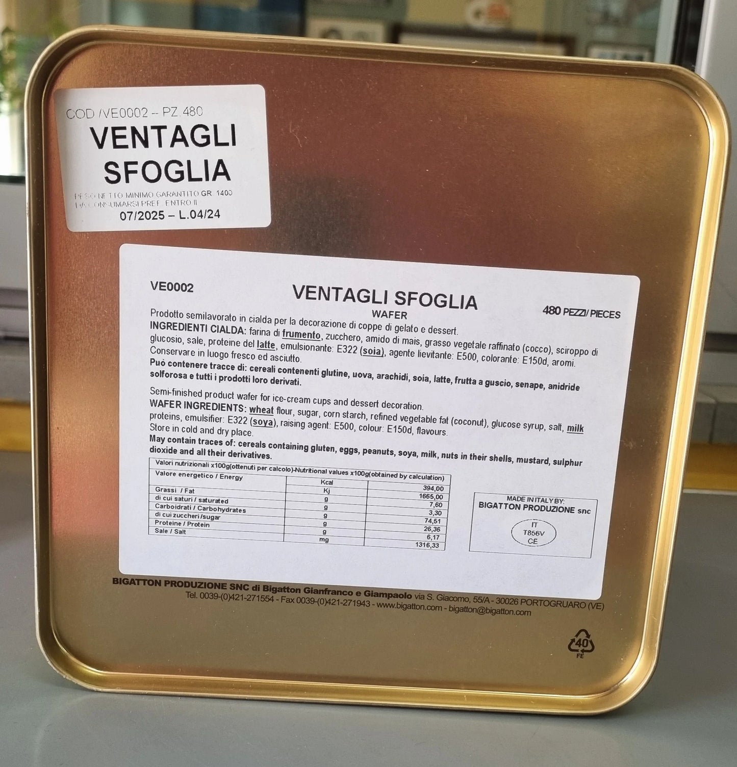 Scatola di ventagli sfoglia per gelati e dessert, 480 pezzi, ingredienti e valori nutrizionali visibili.