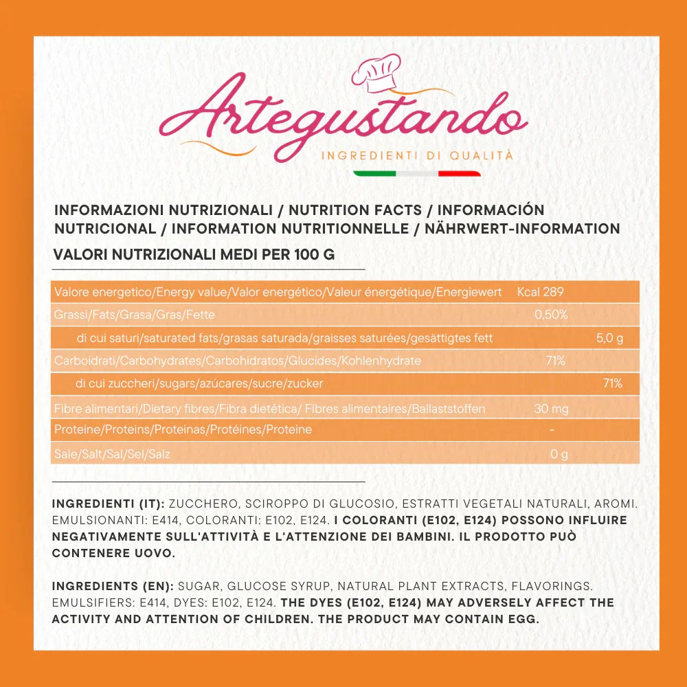 Tabella ingredienti e valori nutrizionali per 100g di prodotto dolciario, con zuccheri, grassi e carboidrati evidenziati.