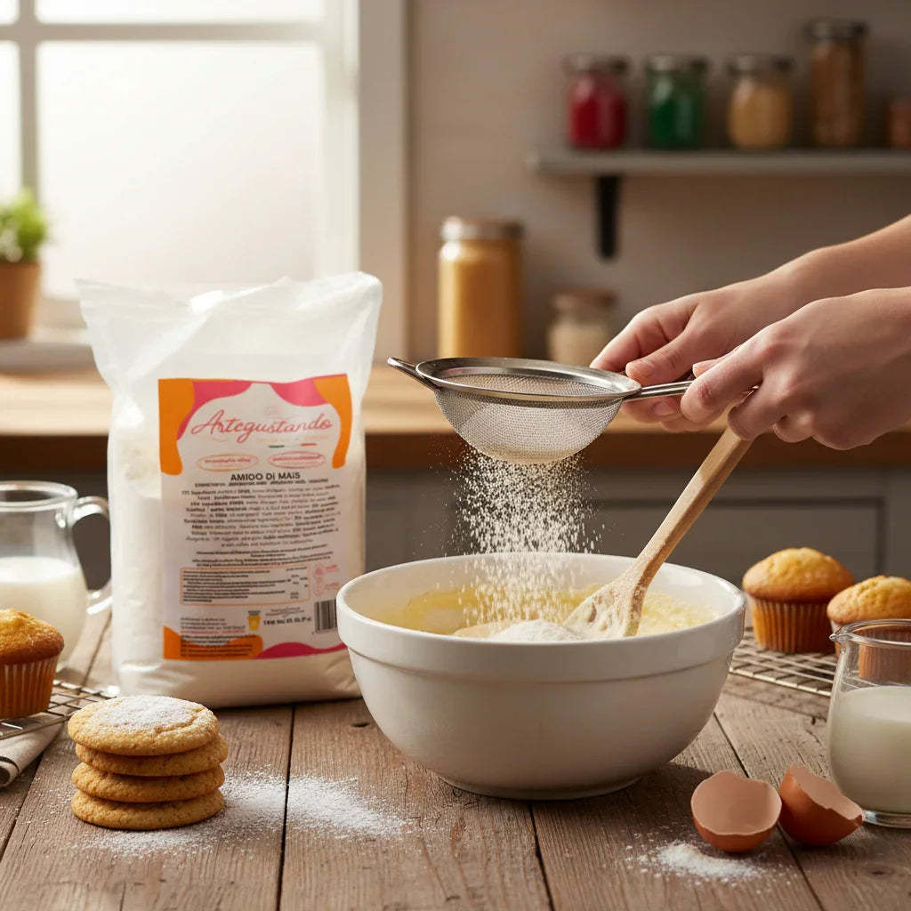 Amido di mais setacciato in una ciotola per dolci, biscotti e muffin su tavolo da cucina.