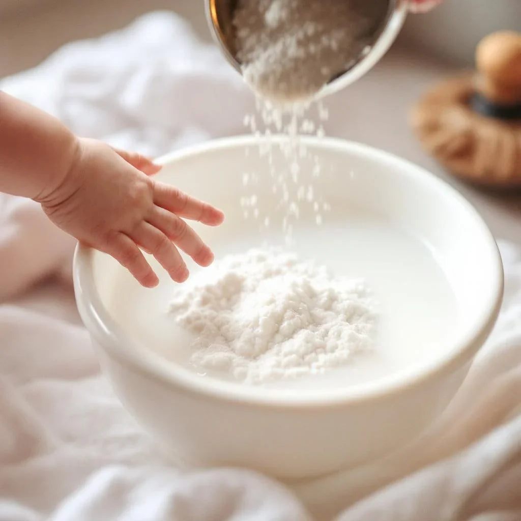 Amido di riso per bambini versato in ciotola con acqua, mano di bimbo vicina