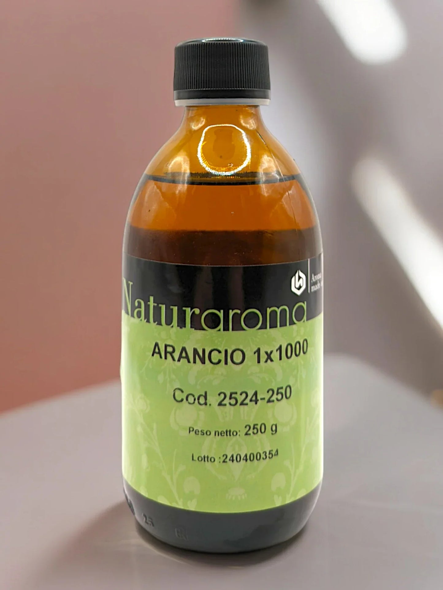 Bottiglia di aroma arancio per pasticceria e gelateria, etichetta verde, 250g