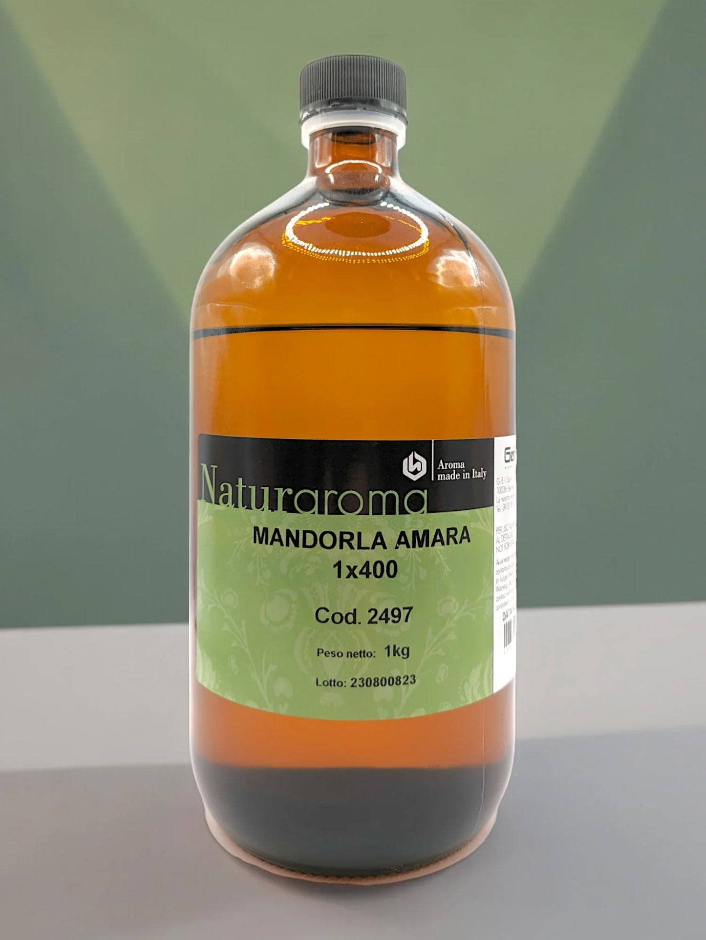 Bottiglia aroma mandorla amara da 1kg per pasticceria e gelato, etichetta verde