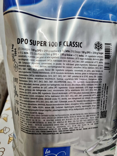 Busta da 2 kg di preparato in polvere DPO Super 100 F Classic con etichetta ingredienti per gelato artigianale.