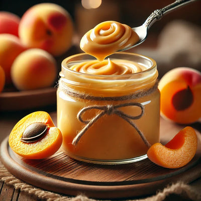 Crema di albicocca in barattolo di vetro con albicocche fresche sullo sfondo