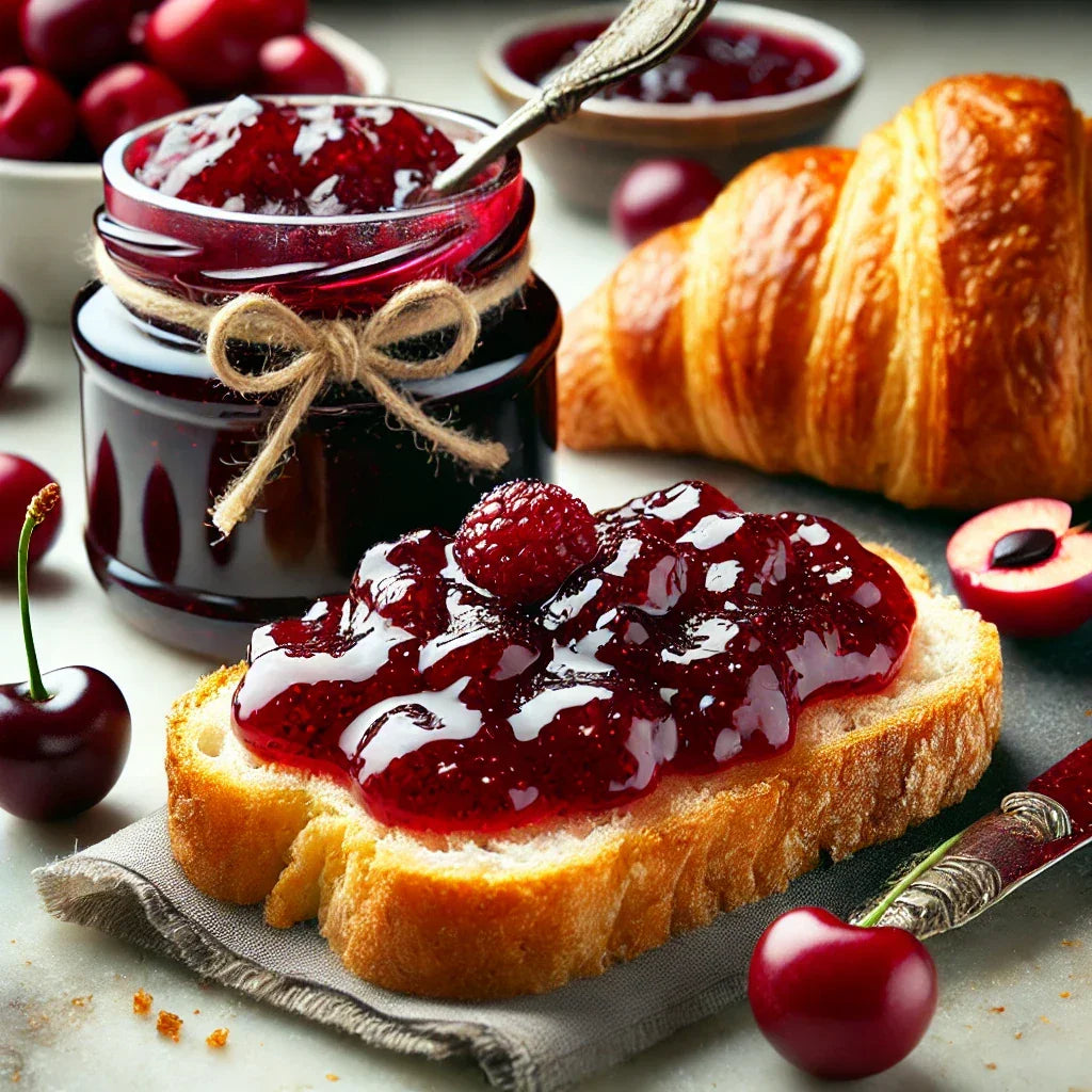 Crema amarena su pane con ciliegie fresche, croissant e barattolo di confettura, ideale per dolci e pasticceria.