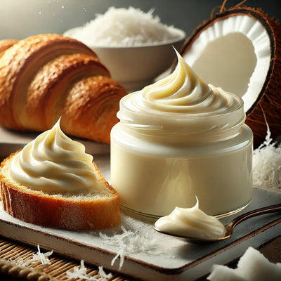 Crema al cocco senza lattosio in vaso di vetro, fetta di pane, croissant e cocco grattugiato