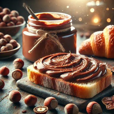 Crema nocciola e cacao senza lattosio spalmata su pane con nocciole intere, vasetto e croissant.