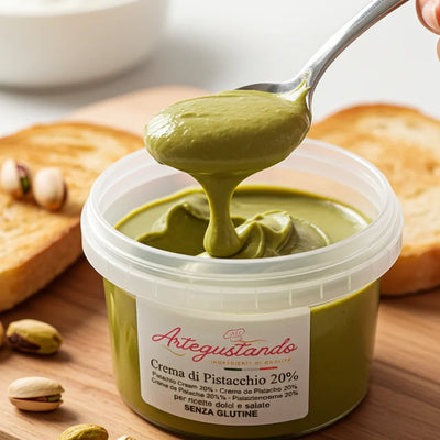 Crema di pistacchio spalmabile in vasetto, con pane tostato e pistacchi sullo sfondo.