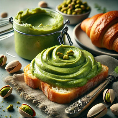 Crema al pistacchio senza lattosio spalmata su pane, croissant e pistacchi interi