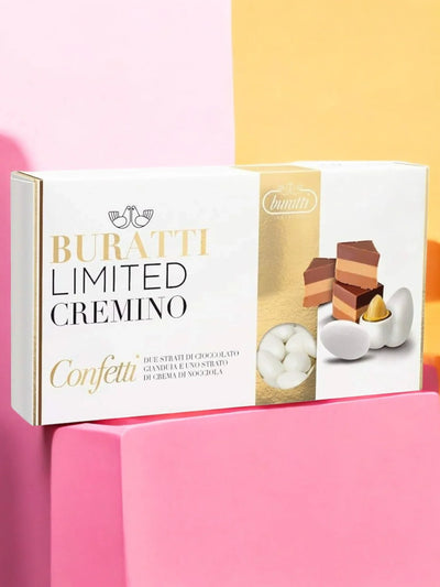 Confezione di Buratti Limited Cremino con confetti, cioccolato gianduia e nocciola su sfondo colorato