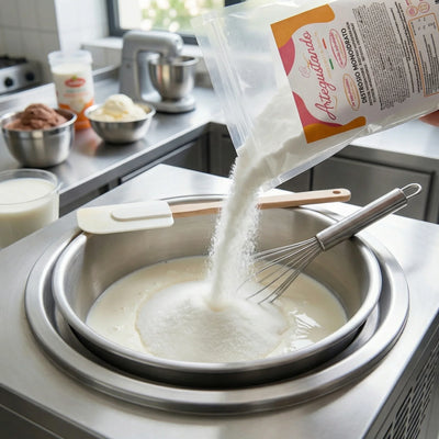 Destrosio monoidrato versato in una ciotola d'acciaio per preparazione gelato artigianale