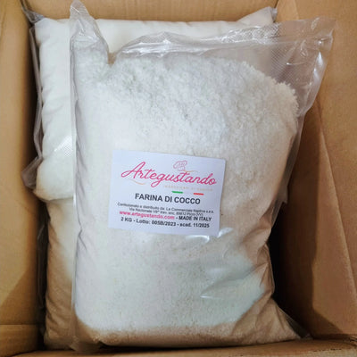 Farina di cocco 2 kg in sacchetto trasparente, confezione da pasticceria
