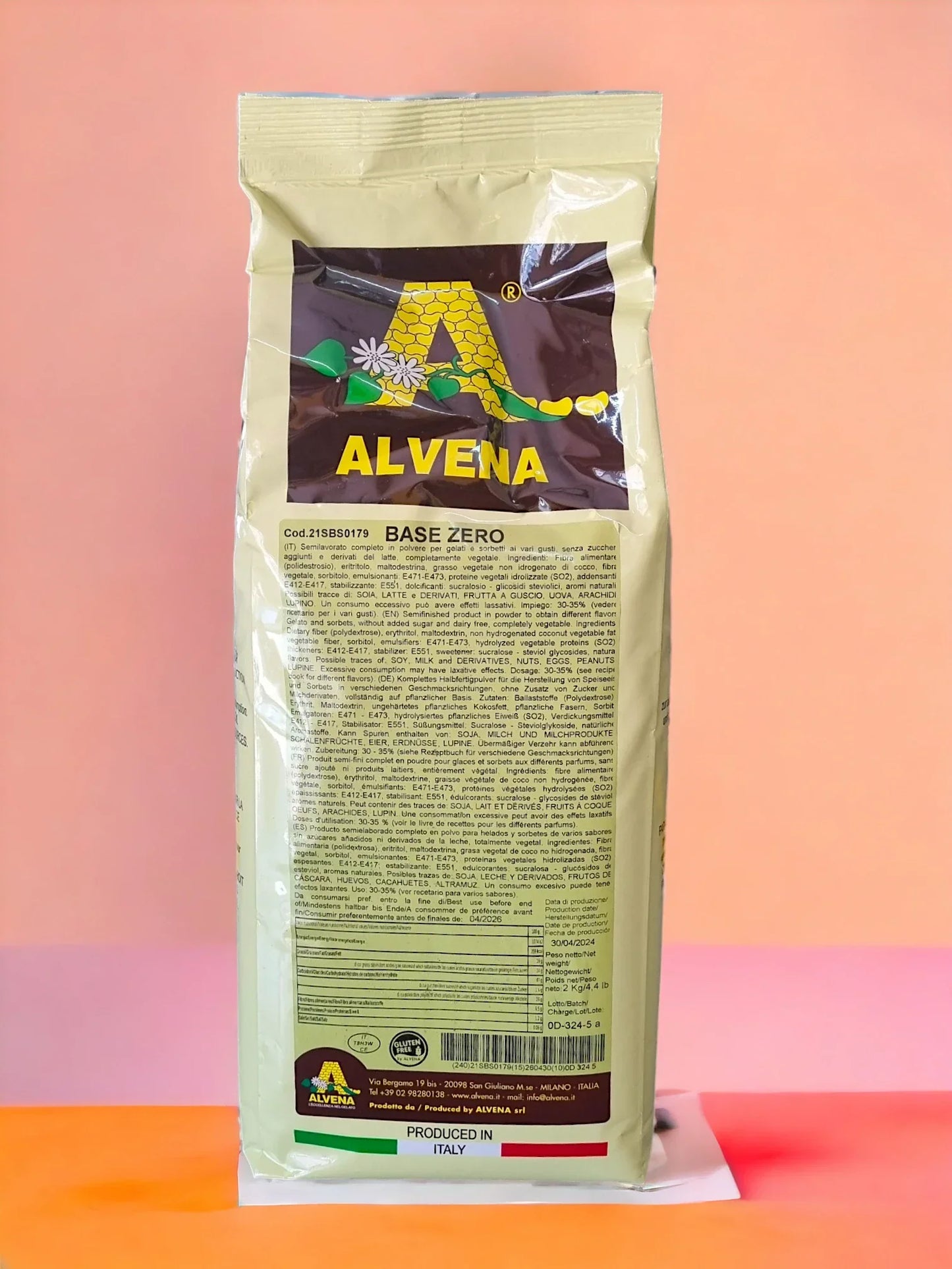 Sacchetto Alvena Base Zero per gelato artigianale, polvere per gelato italiano, prodotto Made in Italy.