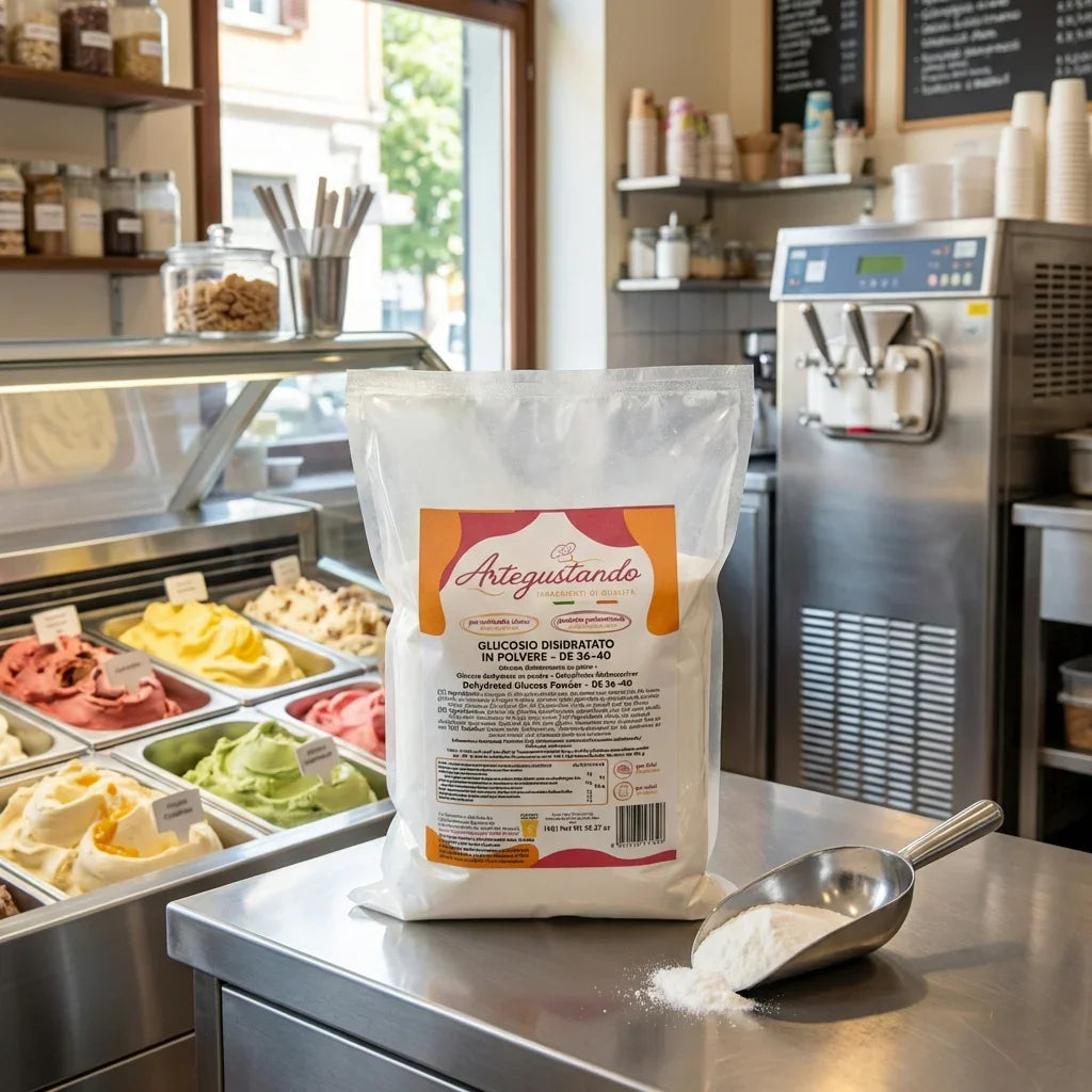 Glucosio disidratato in polvere per gelato e pasticceria su banco di gelateria italiana