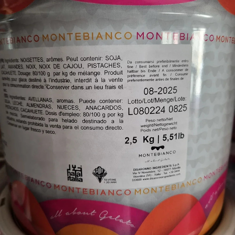 Barattolo da 2,5 kg di crema alle nocciole Montebianco per gelato e pasticceria, etichetta in primo piano.