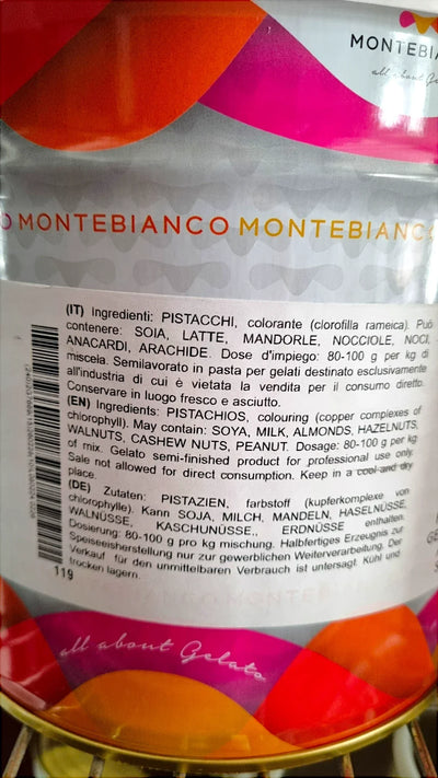 Barattolo di pasta di pistacchio per gelato, etichetta ingredienti visibile
