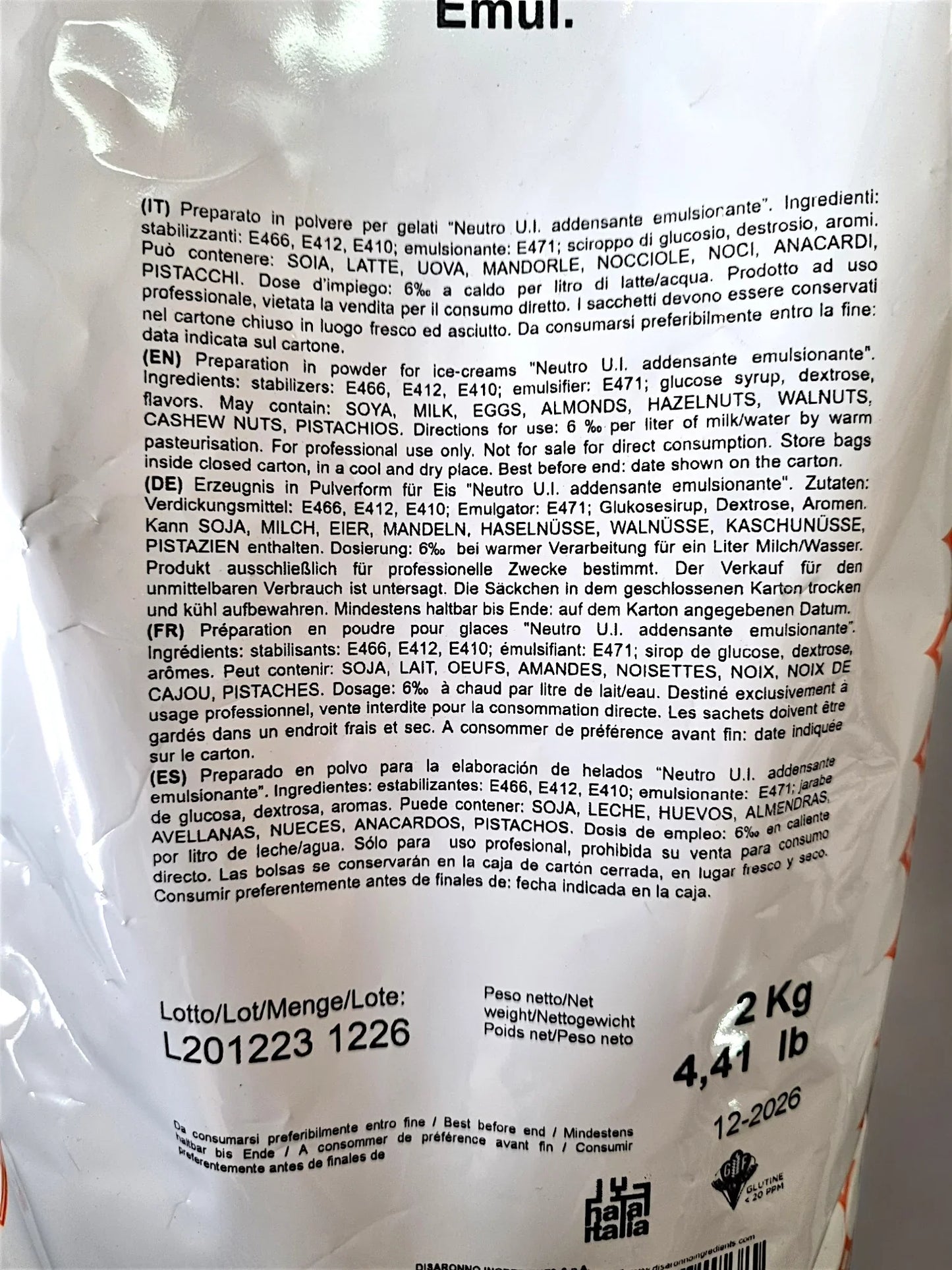 Confezione di preparato per gelato con ingredienti e allergeni, adatto a gelateria e pasticceria.