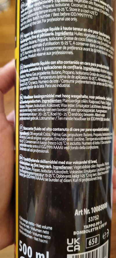 Etichetta spray staccante per dolci con ingredienti: oli vegetali, cera, propellenti, 500 ml