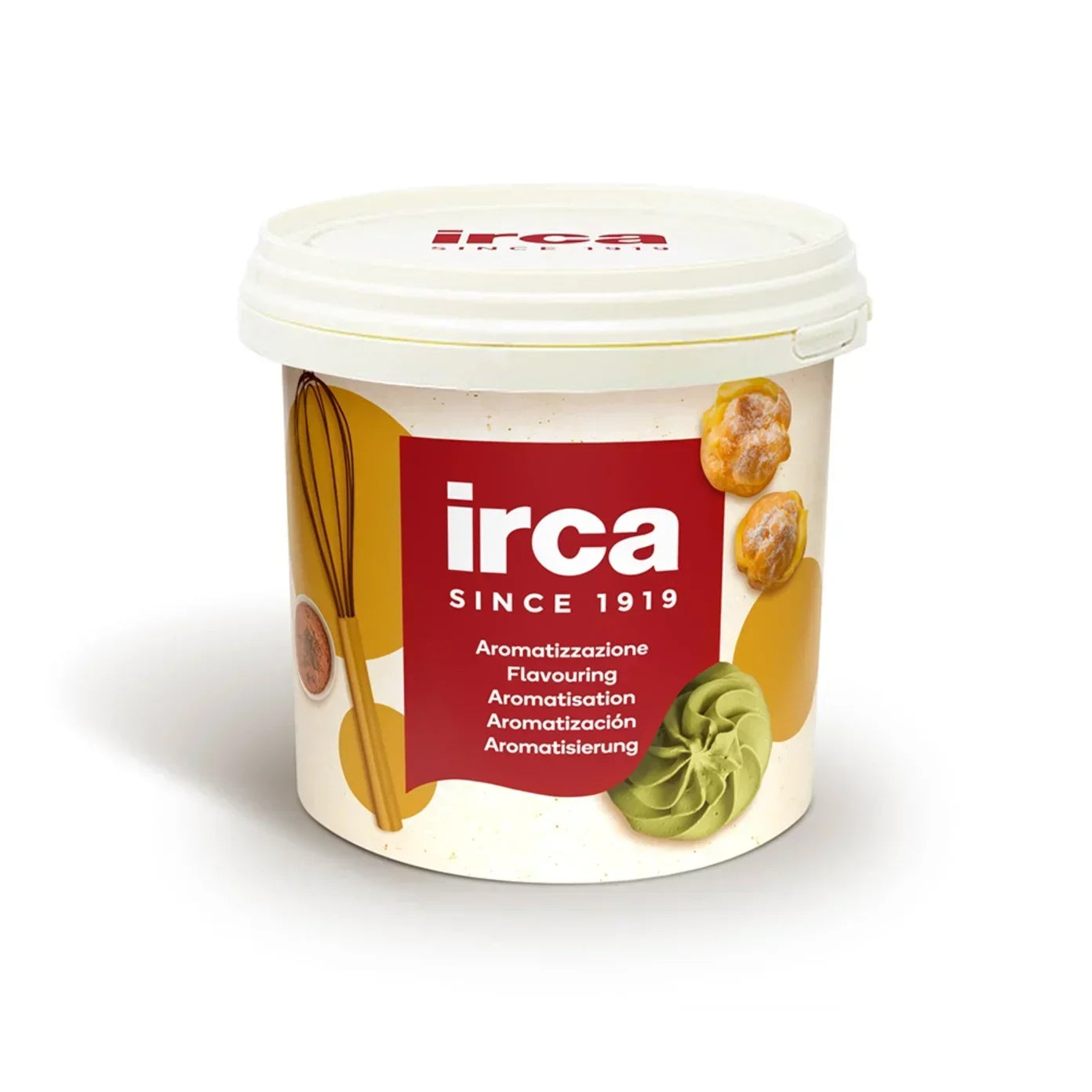 Secchiello di pasta aromatizzante IRCA per dolci, con immagini di bignè e crema verde su sfondo bianco.