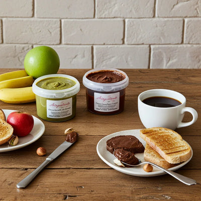 Creme spalmabili pistacchio e cacao su pane tostato con frutta e caffè per colazione gourmet.