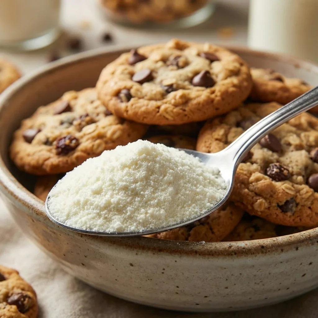 Cucchiaio con polvere per latte cremato davanti a biscotti con gocce di cioccolato