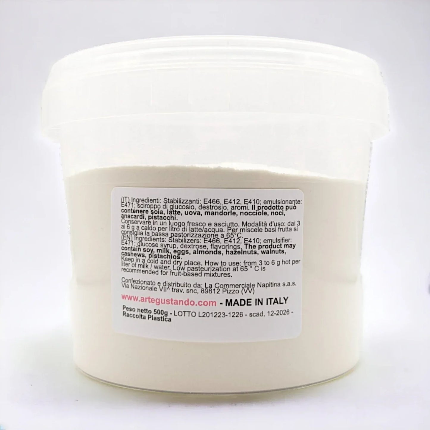 Secchiello da 500g di base neutra in polvere per gelato artigianale, etichetta descrittiva.