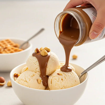 Gelato alla vaniglia in ciotola con pasta di nocciola italiana versata e nocciole intere