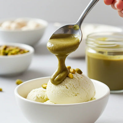 Gelato alla vaniglia in ciotola con crema di pistacchio mediterraneo e granella