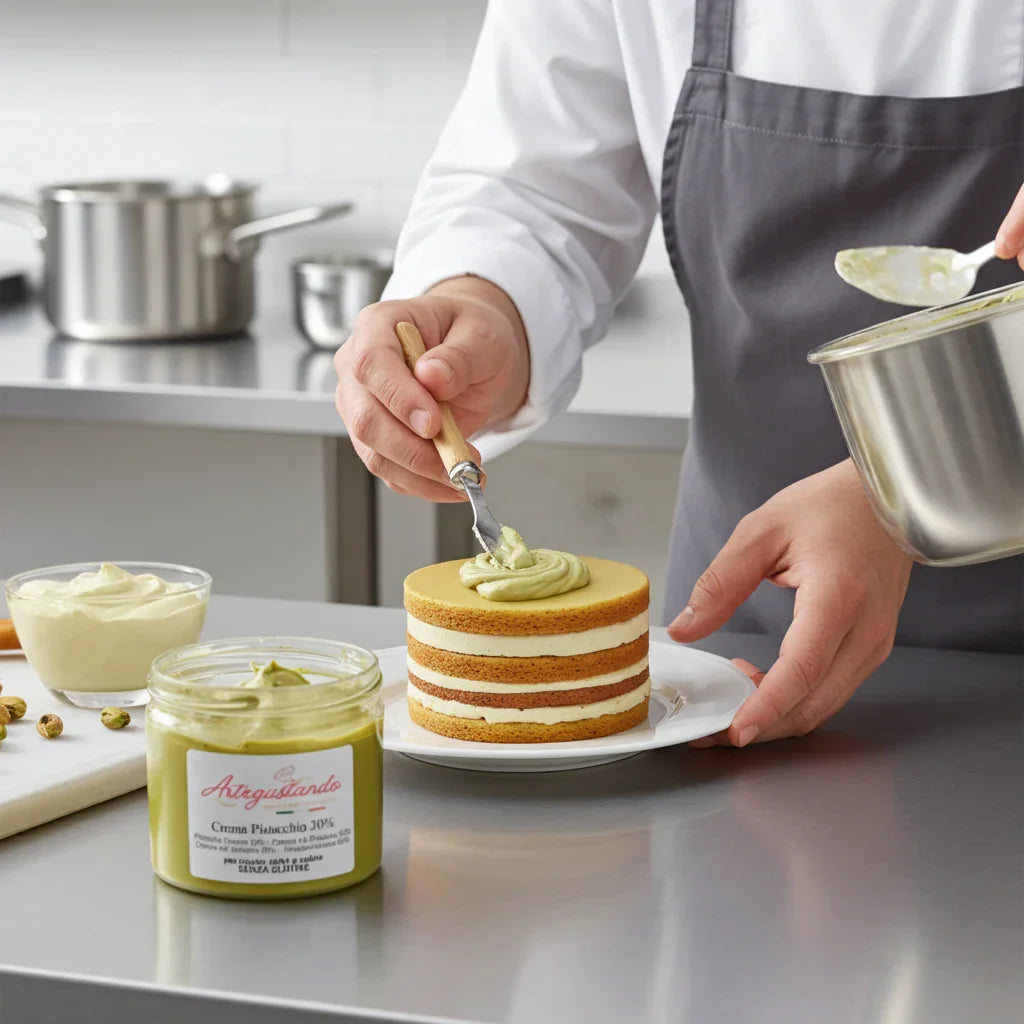 Chef che spalma crema al pistacchio su torta con pasta di pistacchio italiana, cucina professionale
