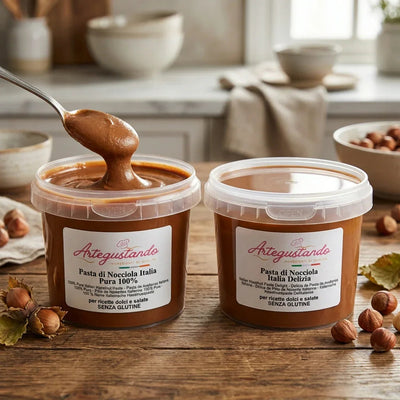 Barattoli di pasta di nocciola italiana su tavolo rustico, nocciole sparse, atmosfera naturale