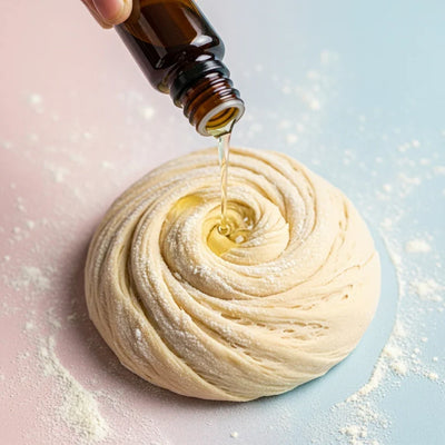 Aroma liquido versato su impasto dolciario con farina, ingrediente per pasticceria