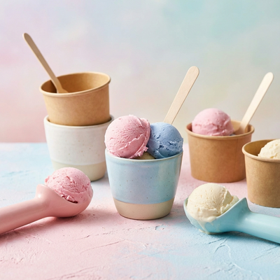 Coppette di gelato artigianale colorato, gusti assortiti per dolci e pasticceria italiana