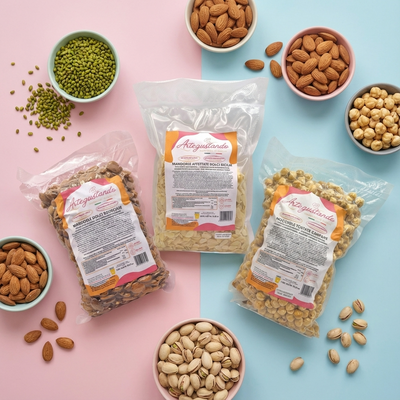 Frutta secca assortita in confezioni trasparenti: mandorle, pistacchi e nocciole su sfondo colorato.