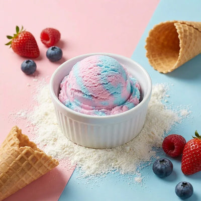 Gelato alla frutta in coppetta, polvere per preparati, coni, fragole, lamponi e mirtilli