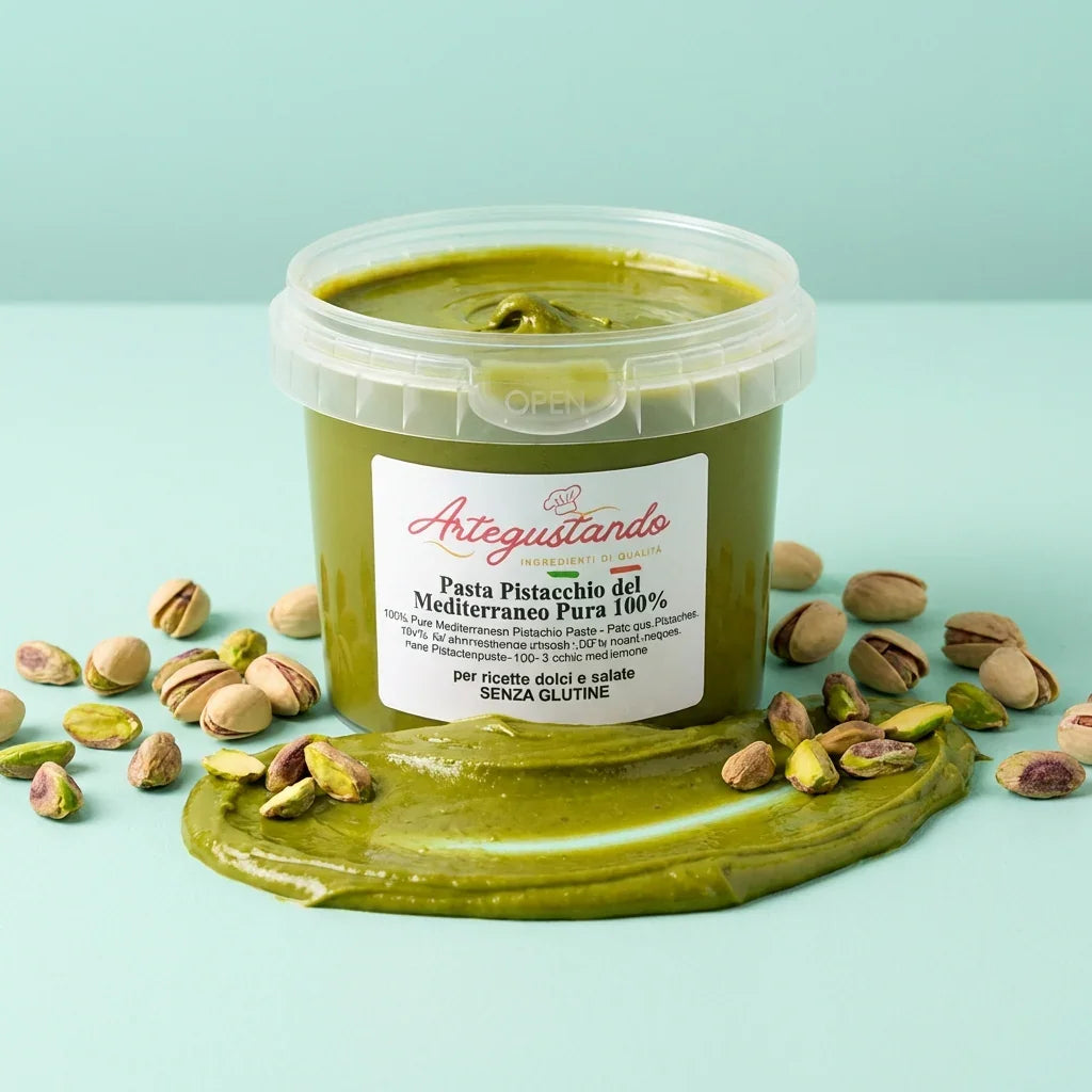 Vasetto di pasta pura di pistacchio con pistacchi interi e crema spalmata, ideale per dolci e gelato.