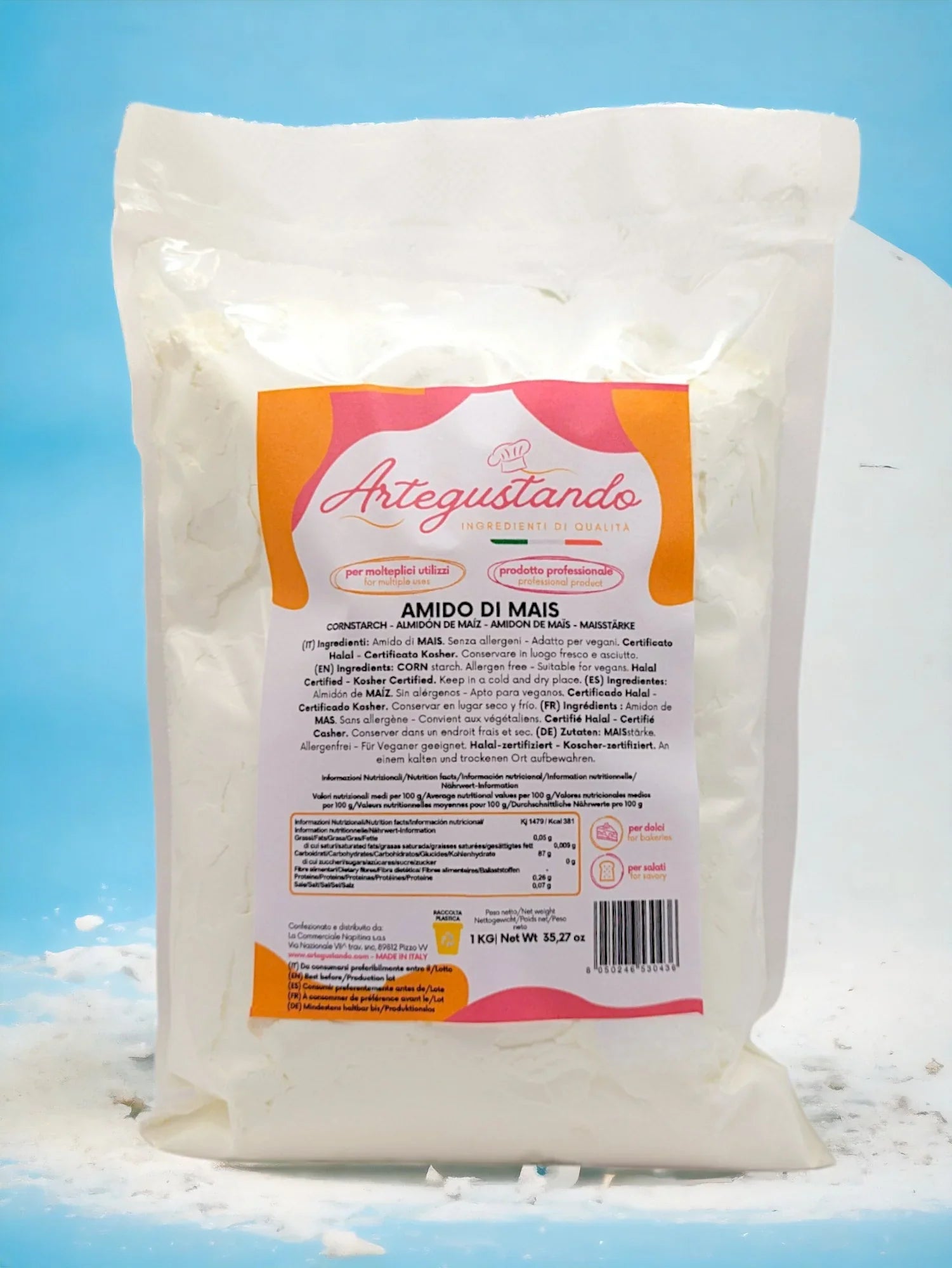 Sacchetto da 1 kg di amido di mais per dolci, gelato e pasticceria, sfondo blu.